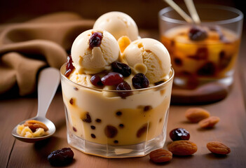 A scoop of Malaga rum and raisin ice cream in a bowl with a spoon