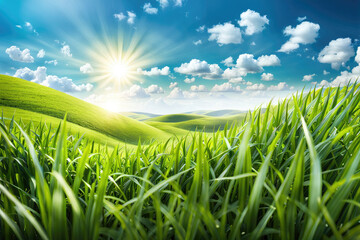  Green Field Landscape with some Trees and Blue Sky on Bright Sun Light