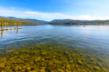 Scenic view from the public lake access, fishing platform and boat launch on Liberty Lake, in Liberty Lake, Washington, a suburb of Spokane and bordering the Coeur d'Alene region of Idaho.	