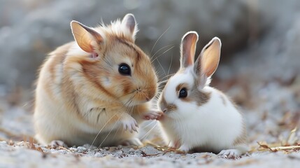 Hamster and rabbit share friendly moment