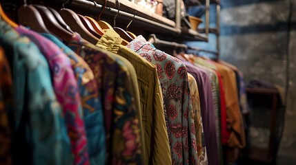Obraz premium Hangers with clothes in the textile shop