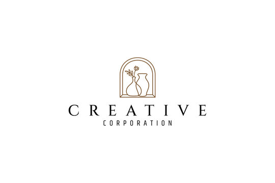 flower vase logo placed on house window in line art design style