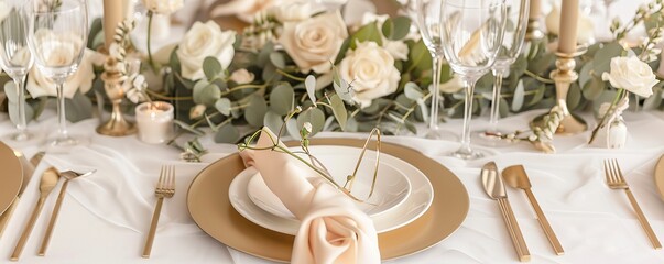 birthday table setting arrangement with gold cutlery, white roses, hydrangeas on the table. Rich people lifestyle concept - Powered by Adobe