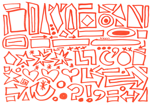 Set grunge scribble geometric shapes, red marker isolated on white background