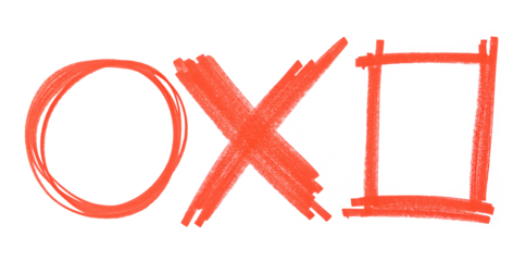 Grunge scribble symbol cross, circle and square red marker isolated on white background