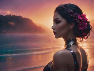 Beautyful woman with flowers in her black hair, standing at beach during orange purple sunet