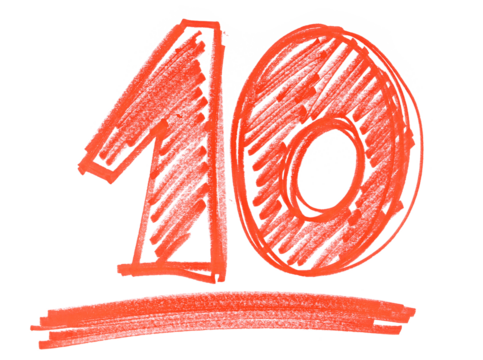 Grunge number ten 10, red marker isolated on white