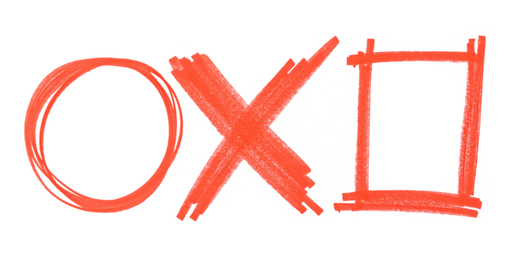 Grunge scribble symbol cross, circle and square red marker isolated on white background