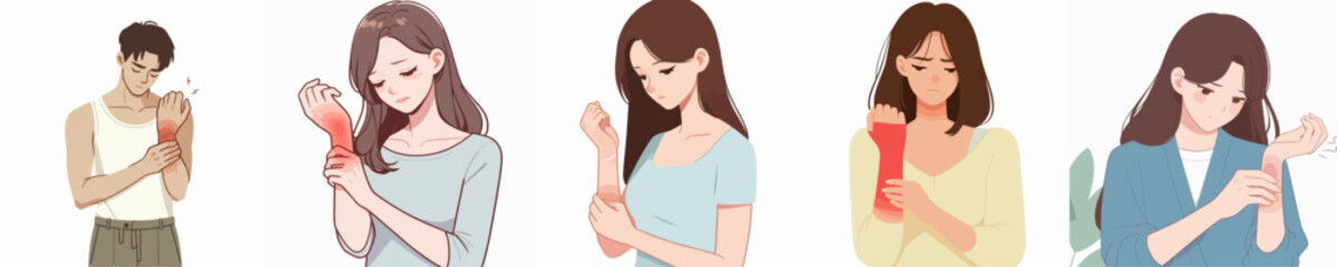 collection of vector illustrations of men and women with wrist pain - obrazy, fototapety, plakaty
