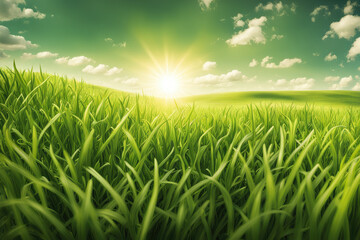  Green Field Landscape with some Trees and Blue Sky on Bright Sun Light