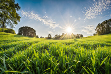  Green Field Landscape with some Trees and Blue Sky on Bright Sun Light