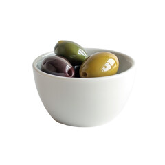A white bowl with three different colored olives, transparent or isolated on a white background