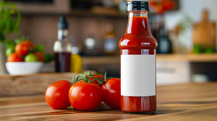 A ketchup bottle on a wooden table with tomatoes, blank label, mockup, copy space