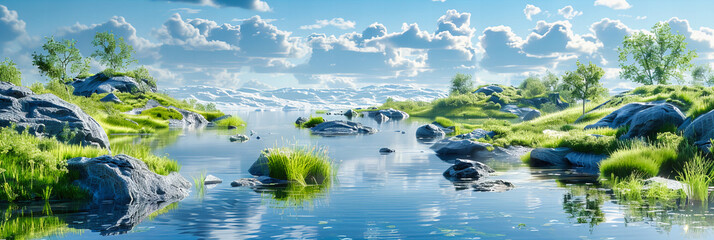 Tranquil Lake in Summer: Lush Greenery and Clear Waters Under a Blue Sky