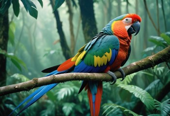 Obraz premium A vibrant parrot perched amidst the dense rainforest, echoing calls of the wild.