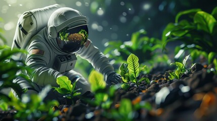 A man in a spacesuit is digging in a field of plants