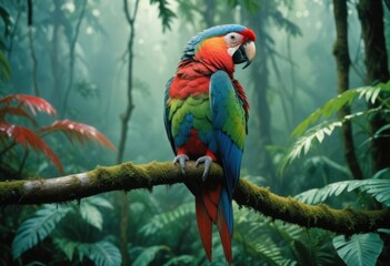 Fototapeta premium A vibrant parrot perched amidst the dense rainforest, echoing calls of the wild.