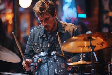A dynamic drummer plays with intense focus, surrounded by the vibrant lights and ambiance of a live music venue