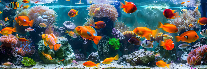 Fototapeta na wymiar Underwater Symphony: An Artistically Illuminated Tropical Fish Aquarium Showcasing Quality Care
