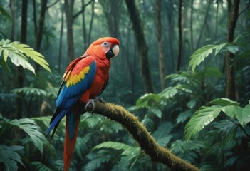 A vibrant parrot perched amidst the dense rainforest, echoing calls of the wild.