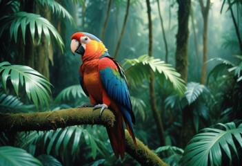 Obraz premium A vibrant parrot perched amidst the dense rainforest, echoing calls of the wild.