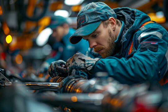 In a well-lit garage, a focused mechanic leans over, busily repairing or modifying a motorcycle's details
