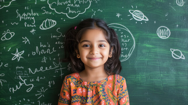 cute indian school girl standing on green chalk board background.