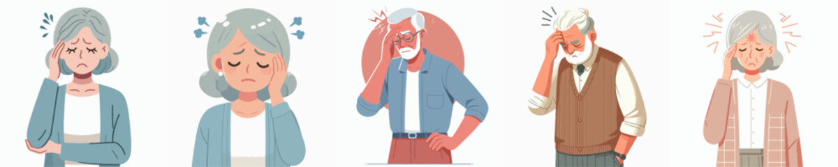 collection of vector illustrations of grandparents having headaches