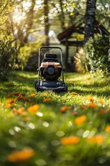 Mowing grass with electric lawn mower in a backyard