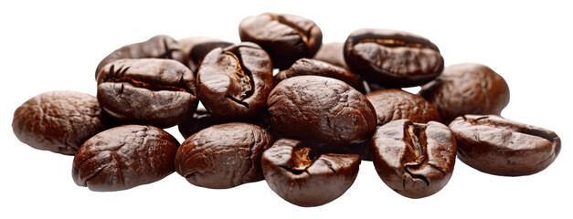 Obraz premium Close-up view of roasted coffee beans isolated on transparent background