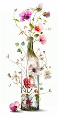 colorful arrangement in a transparent glass bottle of various spring flowers against white background