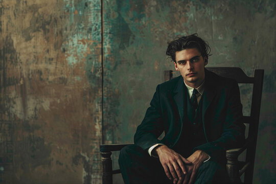 Set agnst a backdrop of muted hues, a chr takes center stage, adorned with a pent coat and tie. The subject's stylish hrdo adds a hint of personality to the scene.