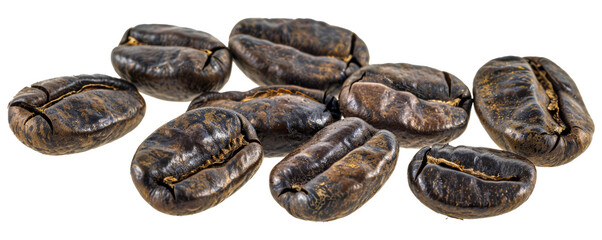 Close-up view of roasted coffee beans isolated on transparent background