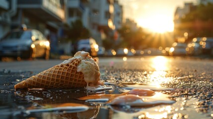 Melted ice cream cone lying on the asphalt 