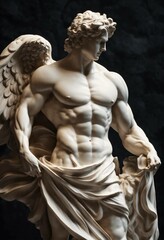 A Statue from a muscular Greek god Statue with a wavy middel Parting Hair out of white Marble with a black background Standing on a podest animated style 8k