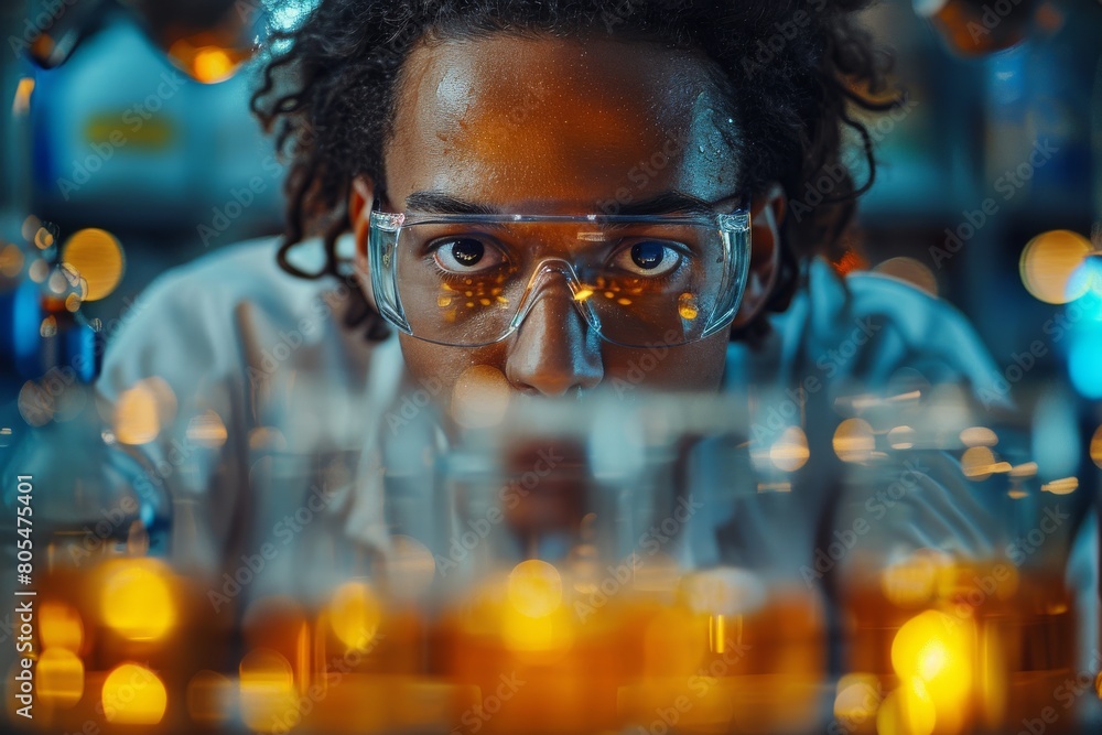 Poster a scientist is conducting an experiment with various chemicals and glassware in a laboratory setting