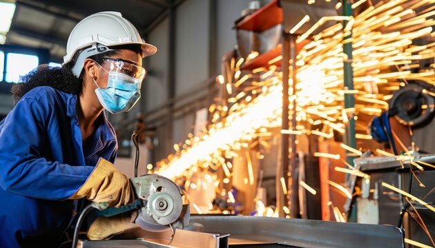 A female welder is repairing mechanical parts, with sparks flying from the industrial welding equipment.