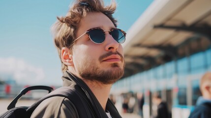 A man wearing sunglasses and carrying a backpack stands in front of an airport