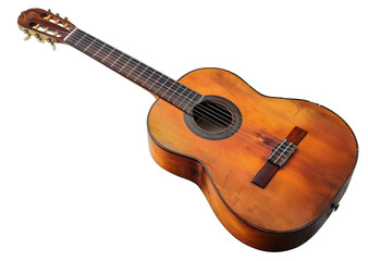 Vintage acoustic guitar with a natural wood finish isolated on transparent background
