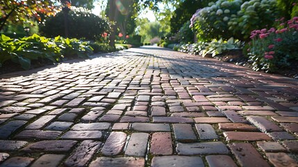 Immerse viewers in the timeless elegance of a meticulously laid brick pathway, inviting them to stroll through history.