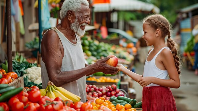 Elderly African American Vendor Offering an Apple to a Young Caucasian Girl