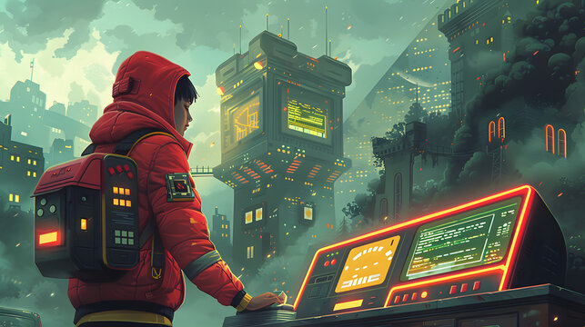 Illustration of a young explorer in a red jacket operating an interface terminal in a bustling futuristic city, under a cloudy sky