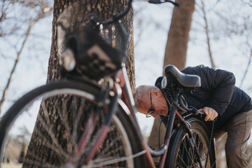 Senior man inspecting bicycle tire in park, capturing active lifestyle and hobby.