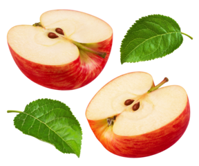Sliced red apple halves with leaves isolated on transparent background.