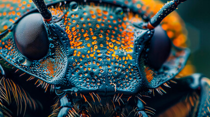 a beetles face, revealing the rugged texture and glossy sheen of its exoskeleton