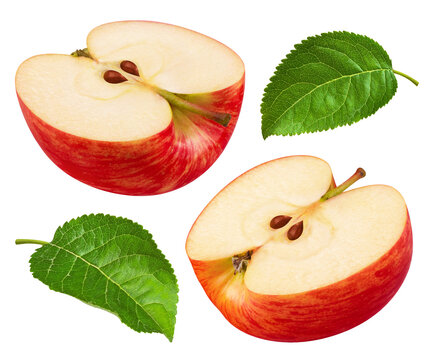 Sliced red apple halves with leaves isolated on transparent background.