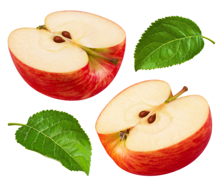 Sliced red apple halves with leaves isolated on transparent background.
