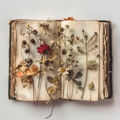 In a composition reminiscent of a still life painting, dried wildflowers grace the open pages of a book, their subtle hues and delicate shapes rendered in cinematic detail.