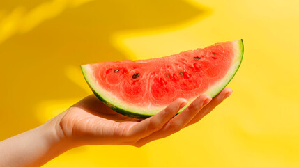Modern minimalist photo of a hand holding a slice of watermelon against a pastel yellow background