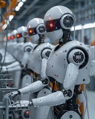 Fototapeta premium Smart factory, industry 40, M2M computer aided manufacturing , 3D humanoid robot working in factory production line with machine, AI future industry engineering